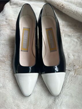 Andrew Geller Black Patent Pumps with White Pointed Toe